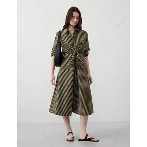 New Banana Republic Dress XL Cuffed Tie-Front Midi Shirtdress Fit & Flare Olive